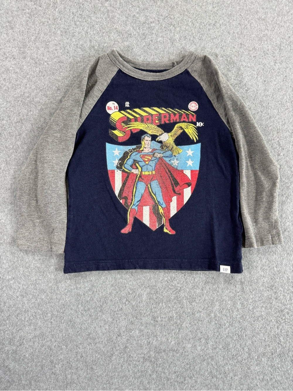 GAP Navy and Gray Superman Raglan Long Sleeve Tee